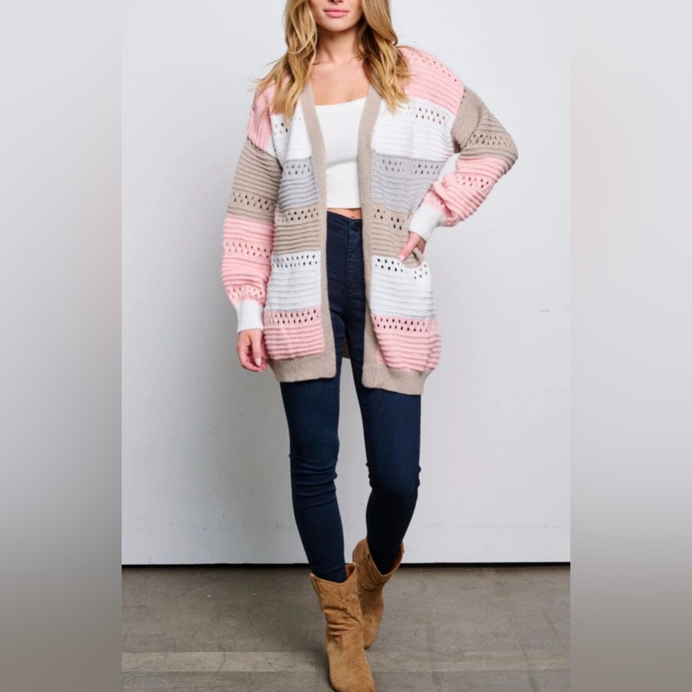"NWT Tres Chic Women's Colorblock Open Front Knit Cardigan - Long Sleeve" - Picture 3 of 4